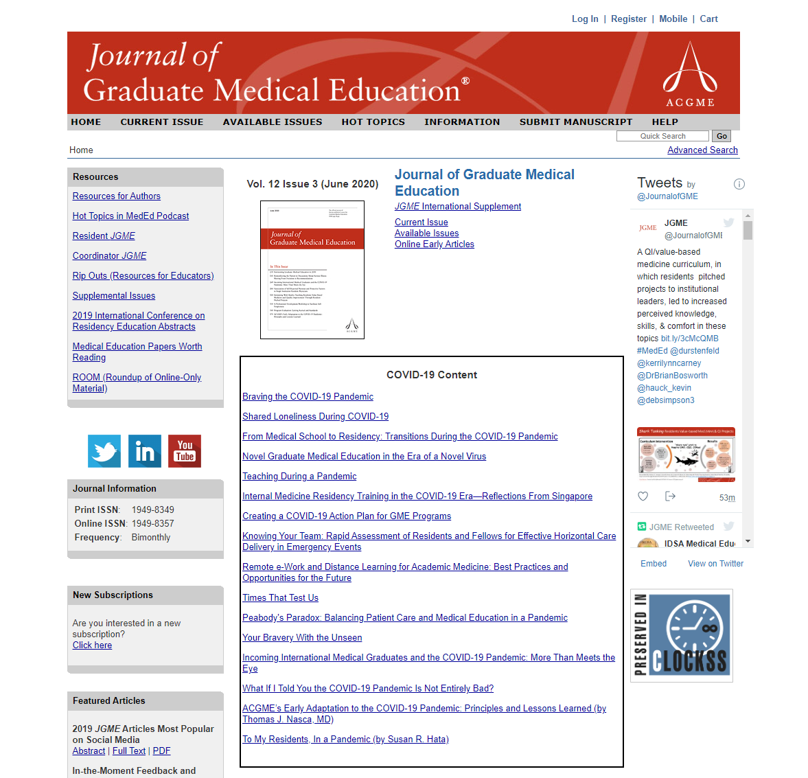 JGME.org homepage screenshot, featuring COVID-19 content